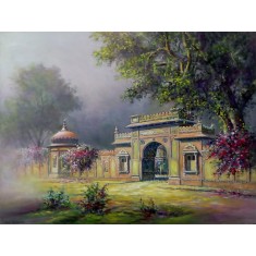 Hanif Shahzad, Mohatta Palace Gate II - Karachi, 21 x 28 Inch, Oil on Canvas, Landscape Painting, AC-HNS-119